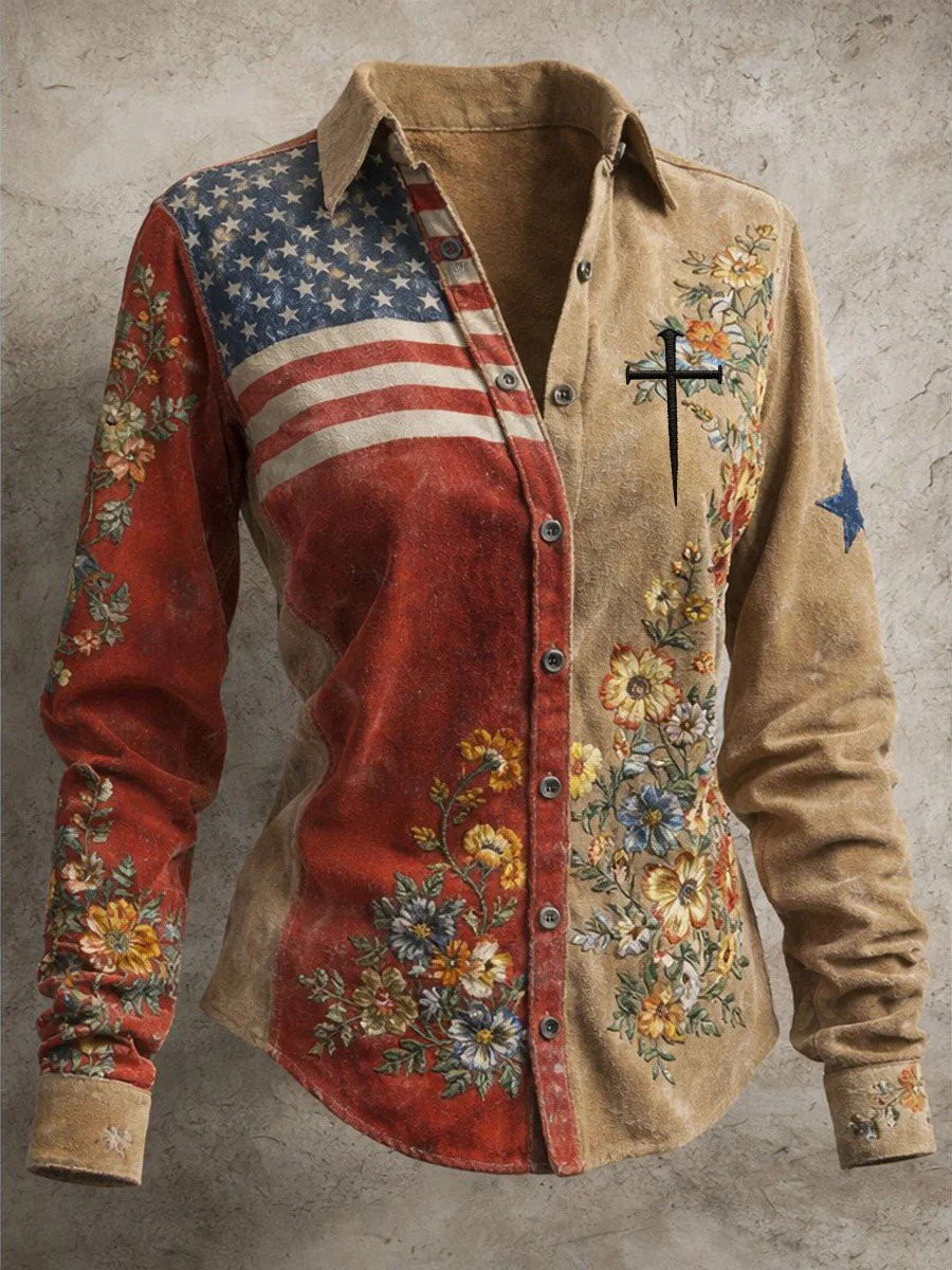 250Th Anniversary Floral USA Flag Long Sleeve Button Up Shirt 1776 2026 Merch Patriotic Shirts