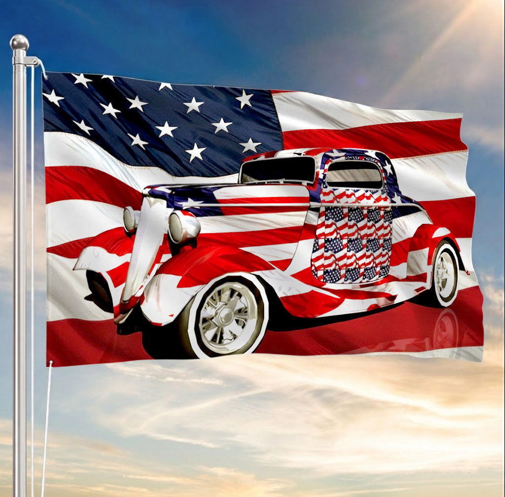 250th Anniversary Hot Rod American Flag Patriotic Grommet Flag Gift For Car Lovers USA Pride