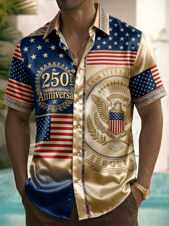 250th Anniversary Patriotic Eagle Hawaiian Button Shirt Vintage Gold US Flag Merch Gift Ideas