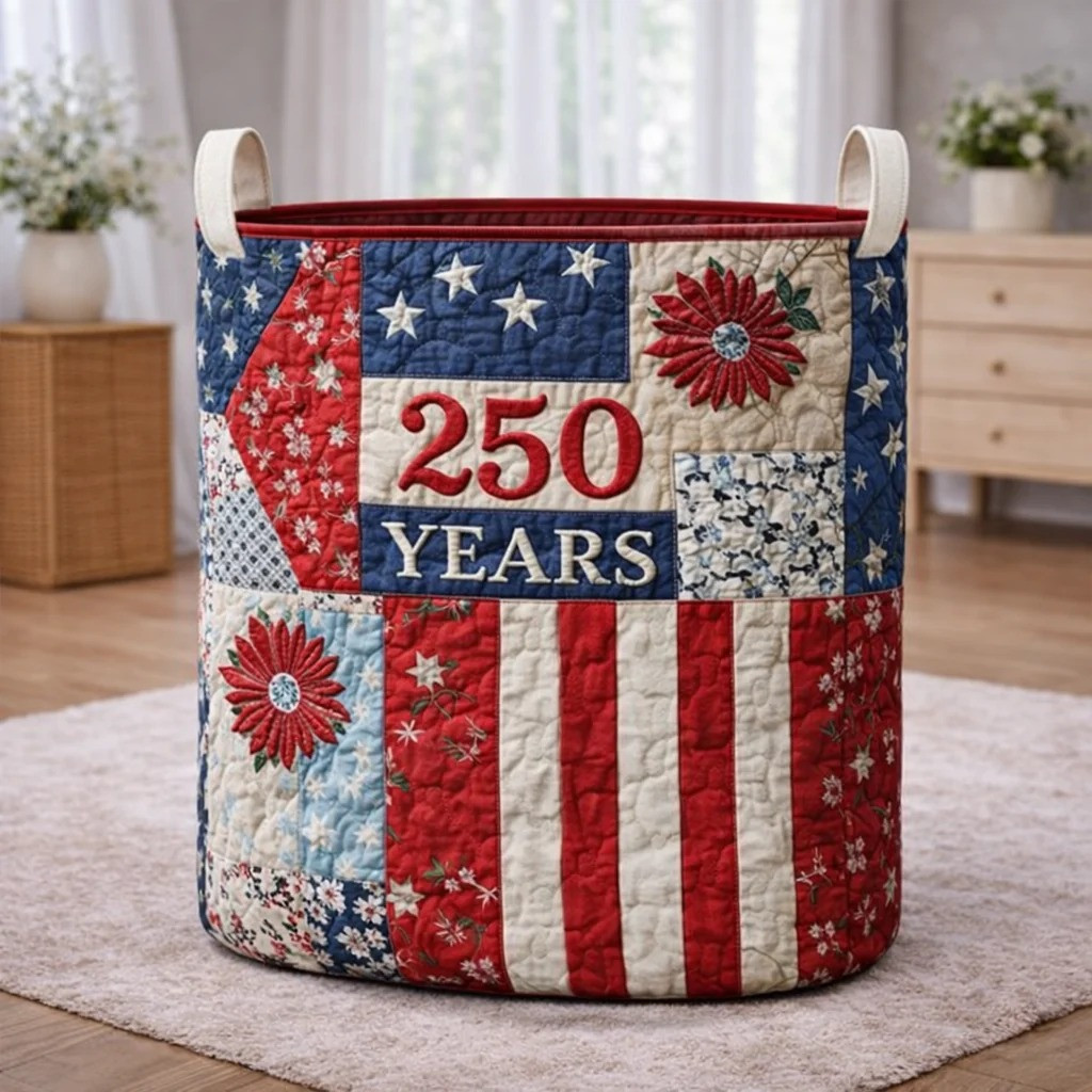 250th Anniversary Patriotic Quilted Laundry Basket USA Stars Quilt Pattern Home Decor Gift Ideas