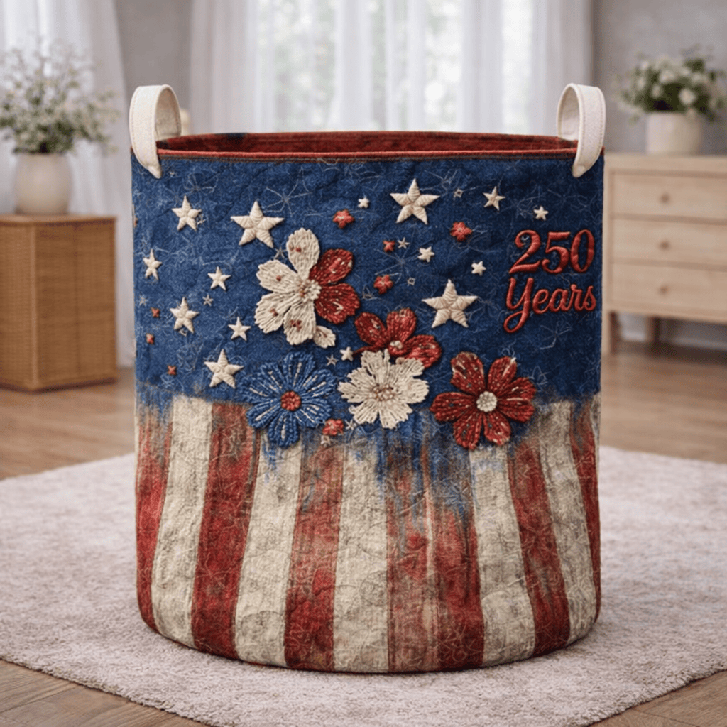 250th Anniversary Quilted Laundry Basket Patriotic Stars Floral Home Decor 4th Of July Gift Ideas