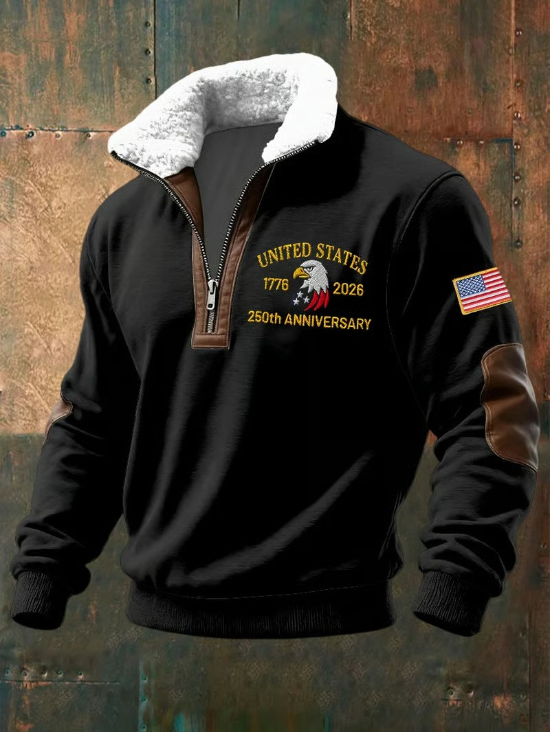 250th Anniversary United States 1776 2026 Eagle Collar Zippered Sweatshirt Patriotic Gift For Dad