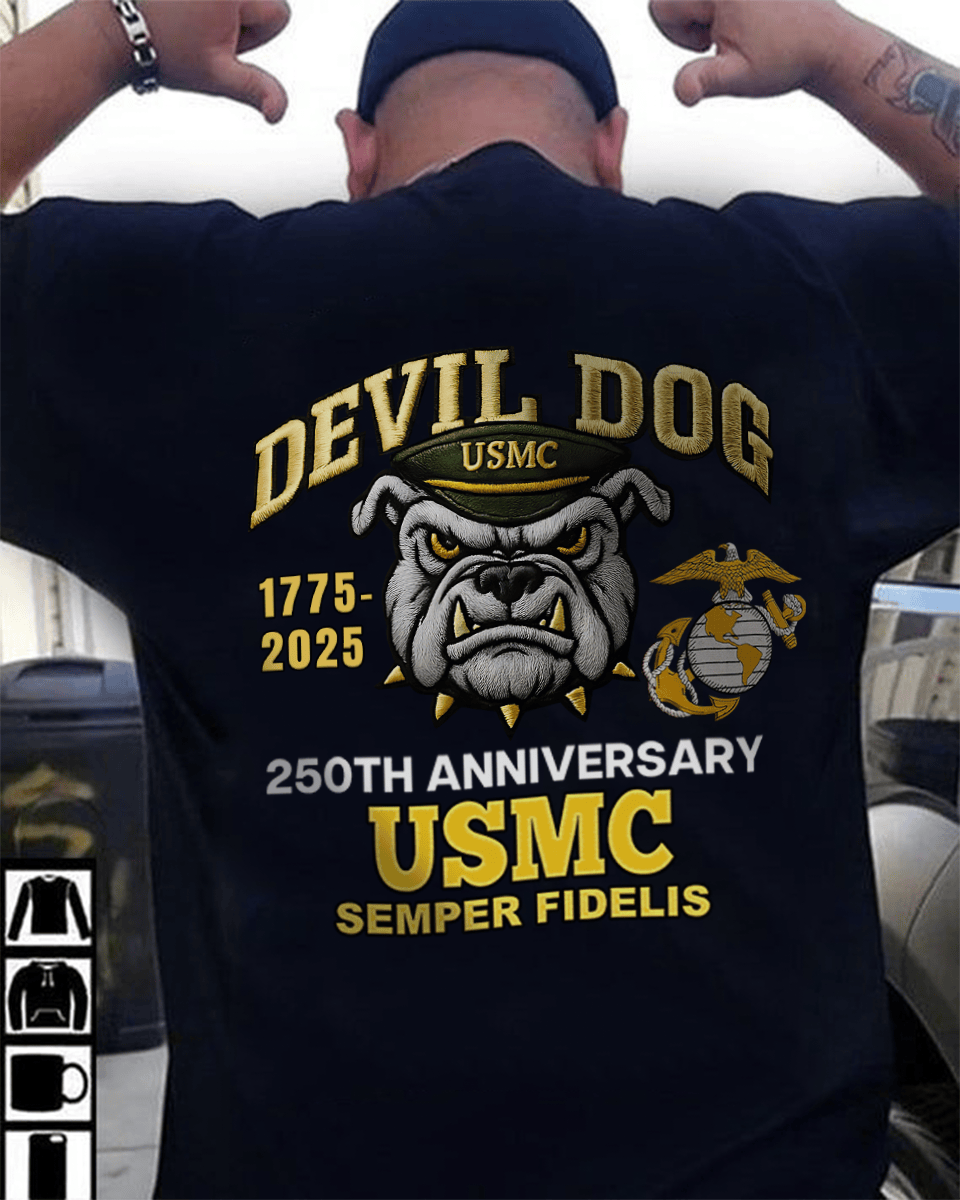 250th Anniversary US Marine Corps Devil Dog Printed T-Shirt Gifts For Marines