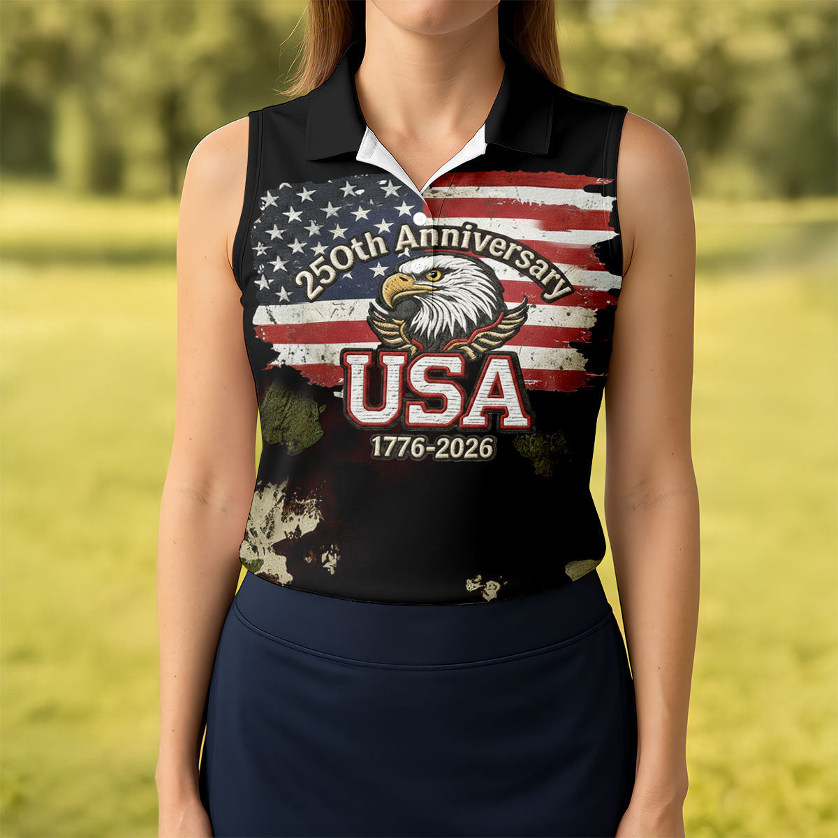 250Th Anniversary USA 1776 2026 Sleeveless Polo Shirt Patriotic Apparel Ladies Golf Gifts