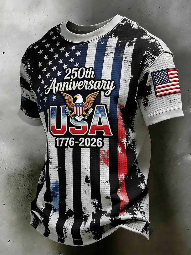 250th Anniversary USA 1776 2026 Waffle T-Shirt Eagle Patriot Retro Distressed Gift For Dad