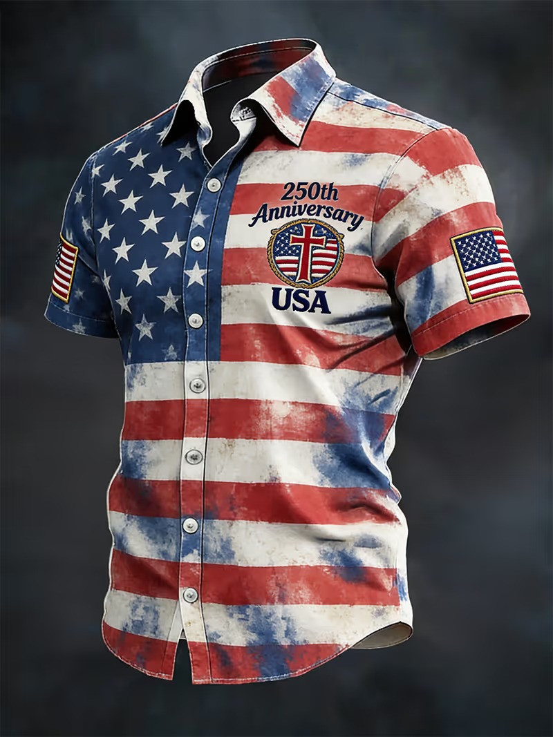 250th Anniversary USA Cross Medallion Button Shirt Patriotic Christian Gift For Dad