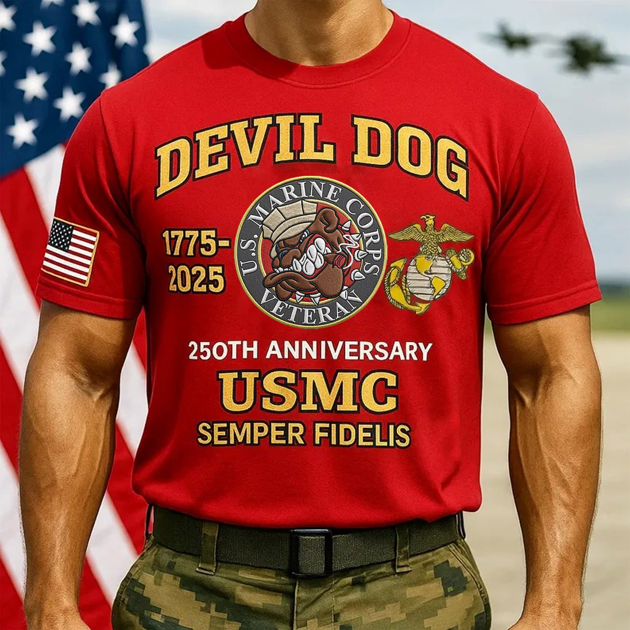 250th Birthday Marine Veteran Bull Dog Flag Retro T-Shirt USMC Shirt Him Gifts