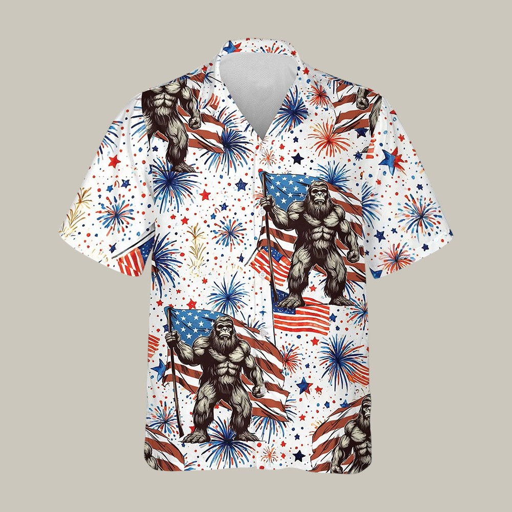 4th Of July Firework Bigfoot Hawaiian Shirt American Flag Independence Day 2026 Shirt Patriotic Gift