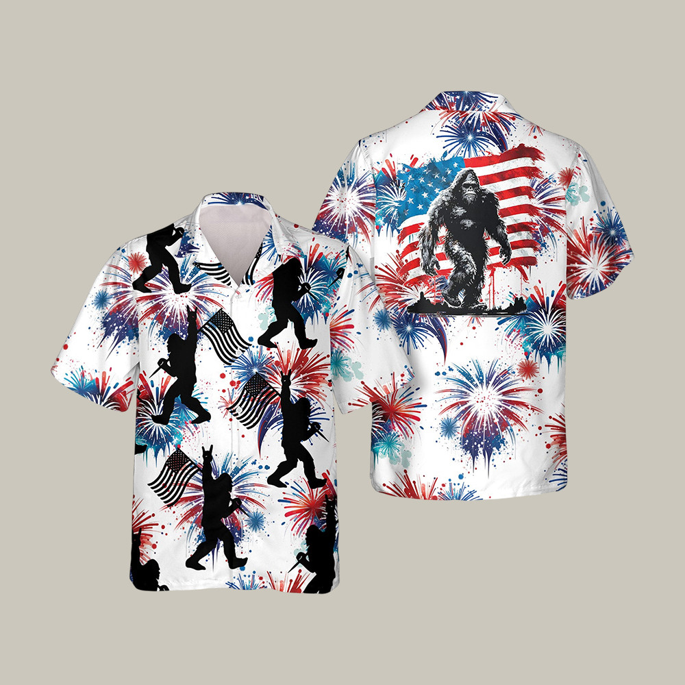 4th Of July Firework Bigfoot Hawaiian Shirt American Flag Patriotic Shirt July 4th Gift Idea