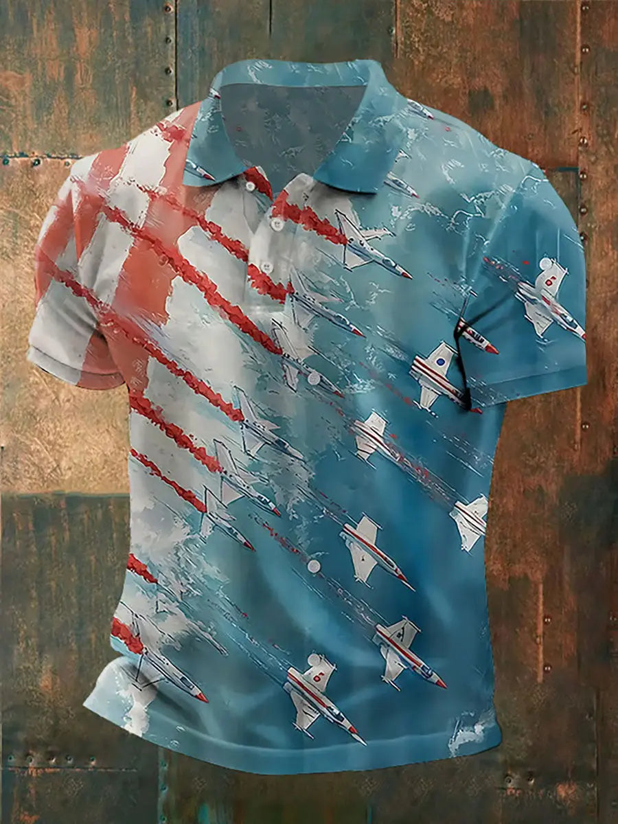 4th of July Patriotic Men's Button Down Shirt Airshow Design Gift for USA Enthusiasts