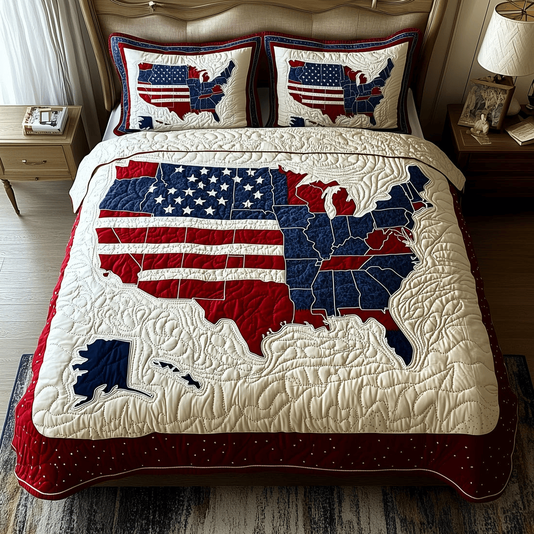 4th of July Quilted Bedding Set Patriotic Star King Size Bed Set Independence Day Gifts