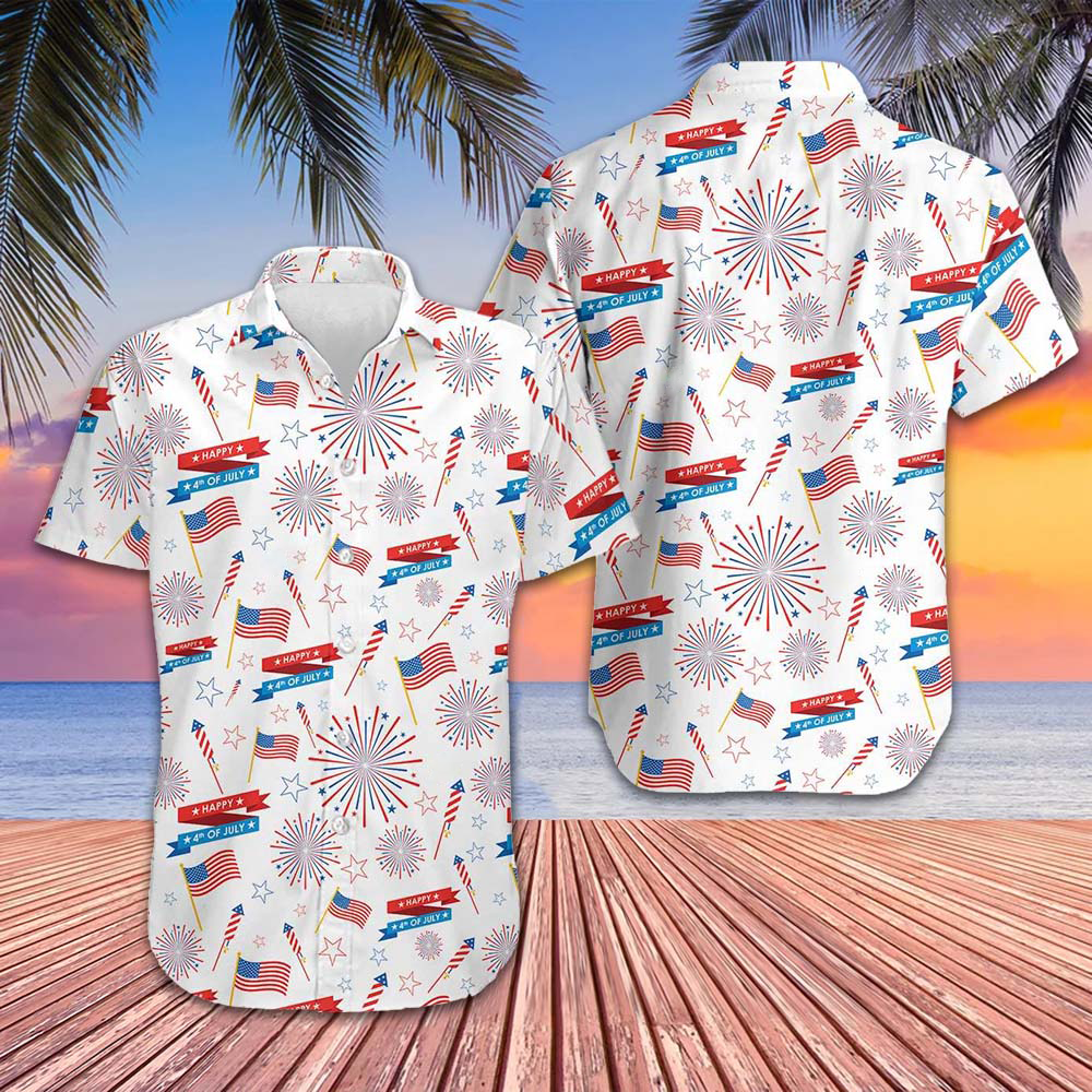 4th Of July US Pattern Hawaiian Shirt Patriotic Button Down Shirts Gifts For Husband