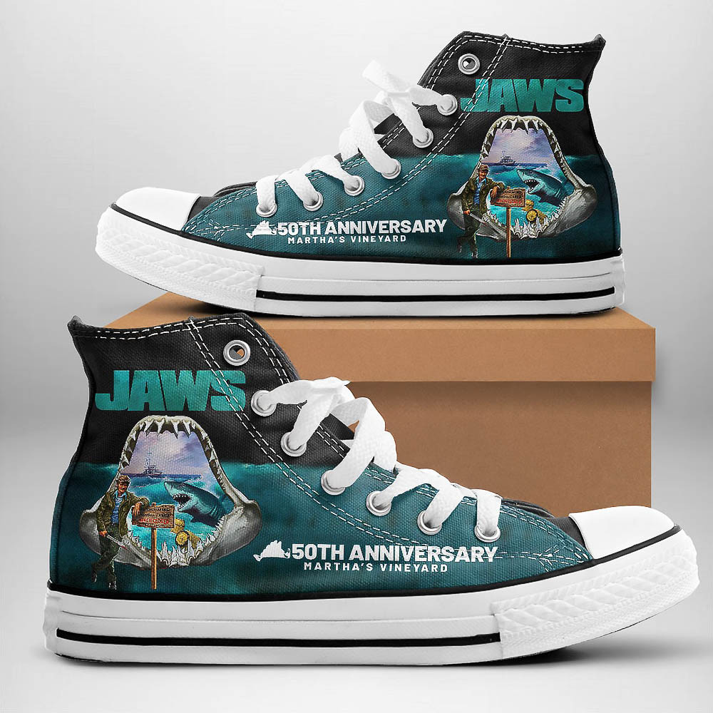50 Years Anniversary Jaws High Top Canvas Shoes Gifts For Movie Fans