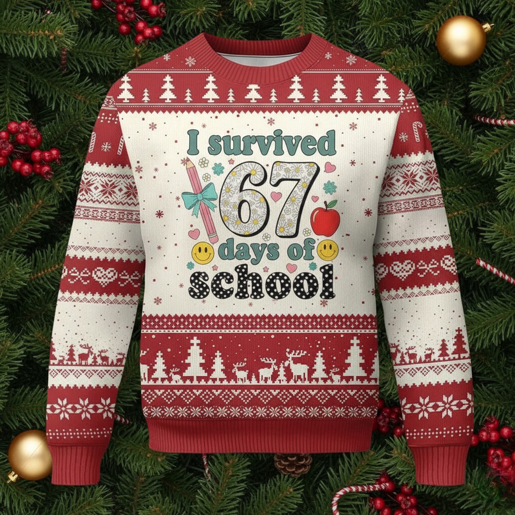67 Days Of School Ugly Christmas Jumper Cute Pencil Graphic Cozy Clothing Teacher Gifts