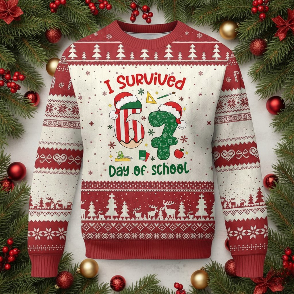 67 Days Of School Ugly Christmas Sweater Candy Cane 67 Cozy Clothes School Xmas Gifts