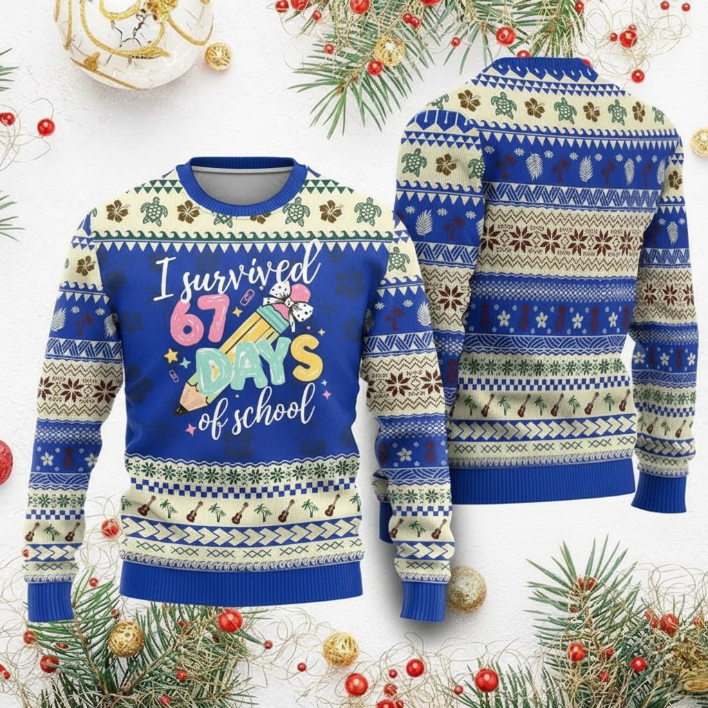 67 Days Of School Ugly Christmas Sweater Pencil Graphic Cozy Apparel Gifts For Students