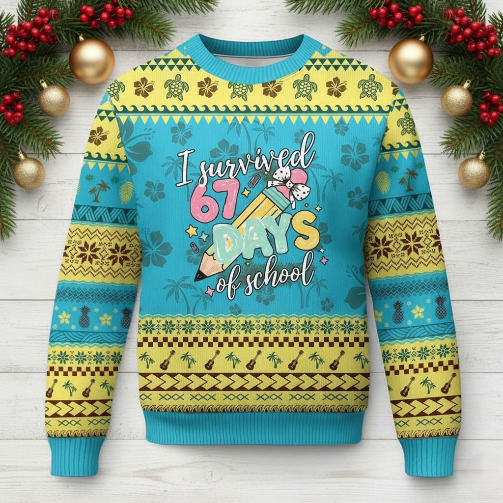 67 Days Of School Ugly Holiday Sweater Cute Pencil Graphic Clothes Humor Student Gifts