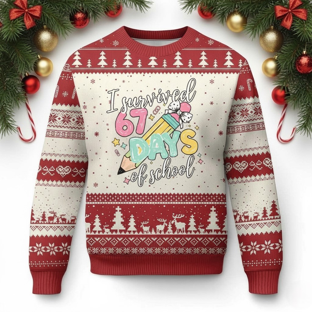 67 Days Of School Ugly Holiday Sweater Cute Pencil Graphic Cozy Clothes Student Gifts