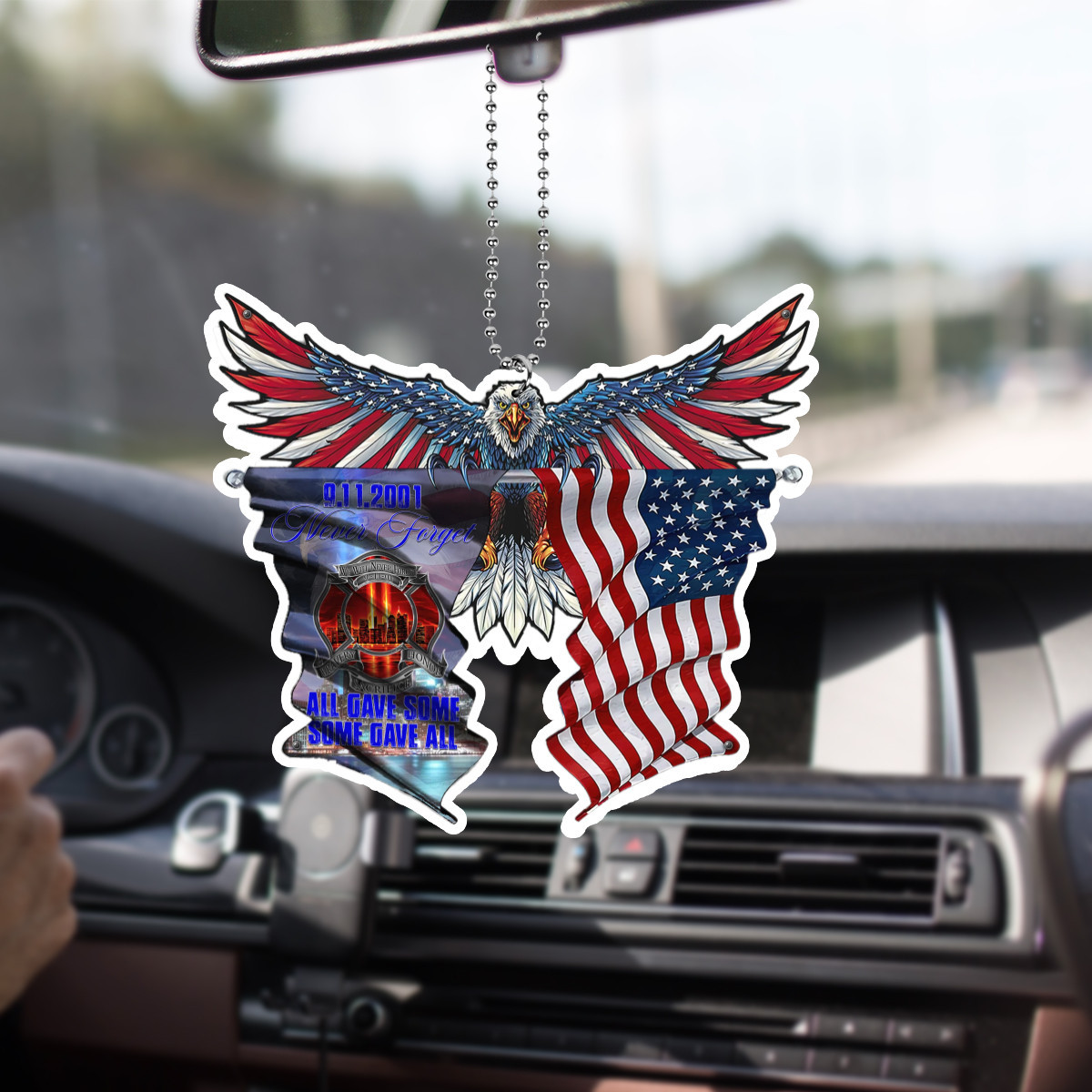 9 11 Never Forget Fire Dept Eagle American Flag Car Hanging Ornament Firefighter Gift Ideas