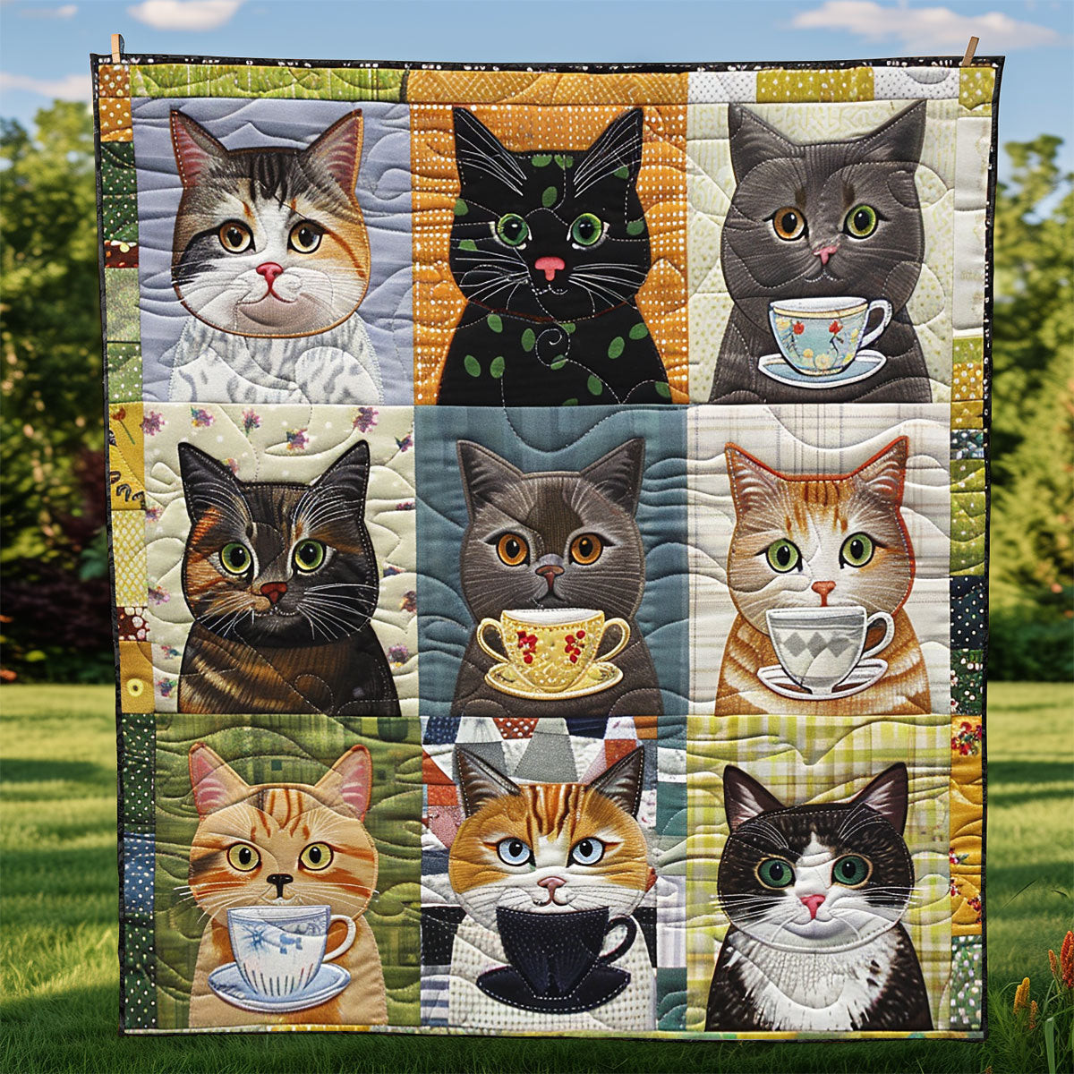 9 Cats And Coffee Cups Quilt Blanket King Size Throw Blanket Fathers Day Gifts For Husband