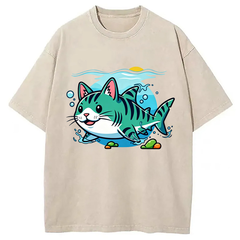 A Cat Shark Washed T-Shirt Casual Vintage Everyday Look Gifts For Brother A Cat Shark Washed T-Shirt Casual Vintage Everyday Look Gifts For Brother