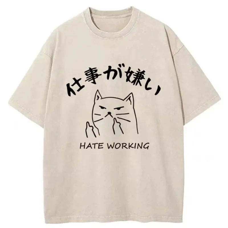 A Cat That Hates Work Washed T-Shirt Cool Graphic Tee For Men Women Gifts For Her