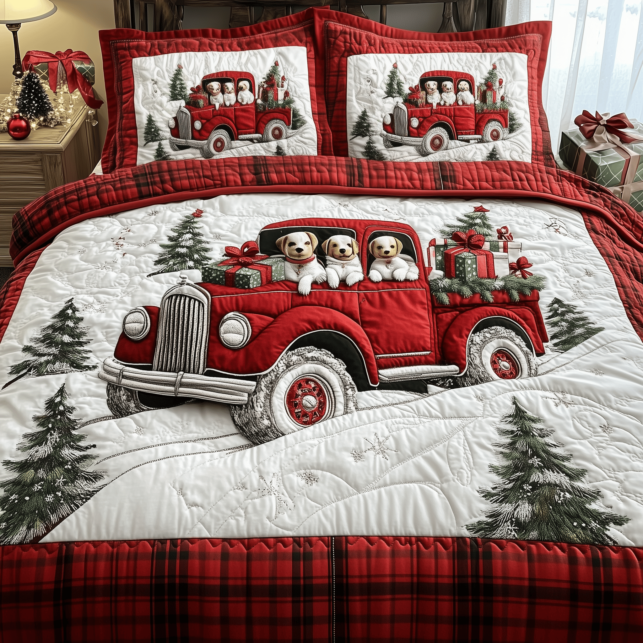 A Christmas Dog Ride Quilted Bedding Set Top Gifts For Dog Lovers