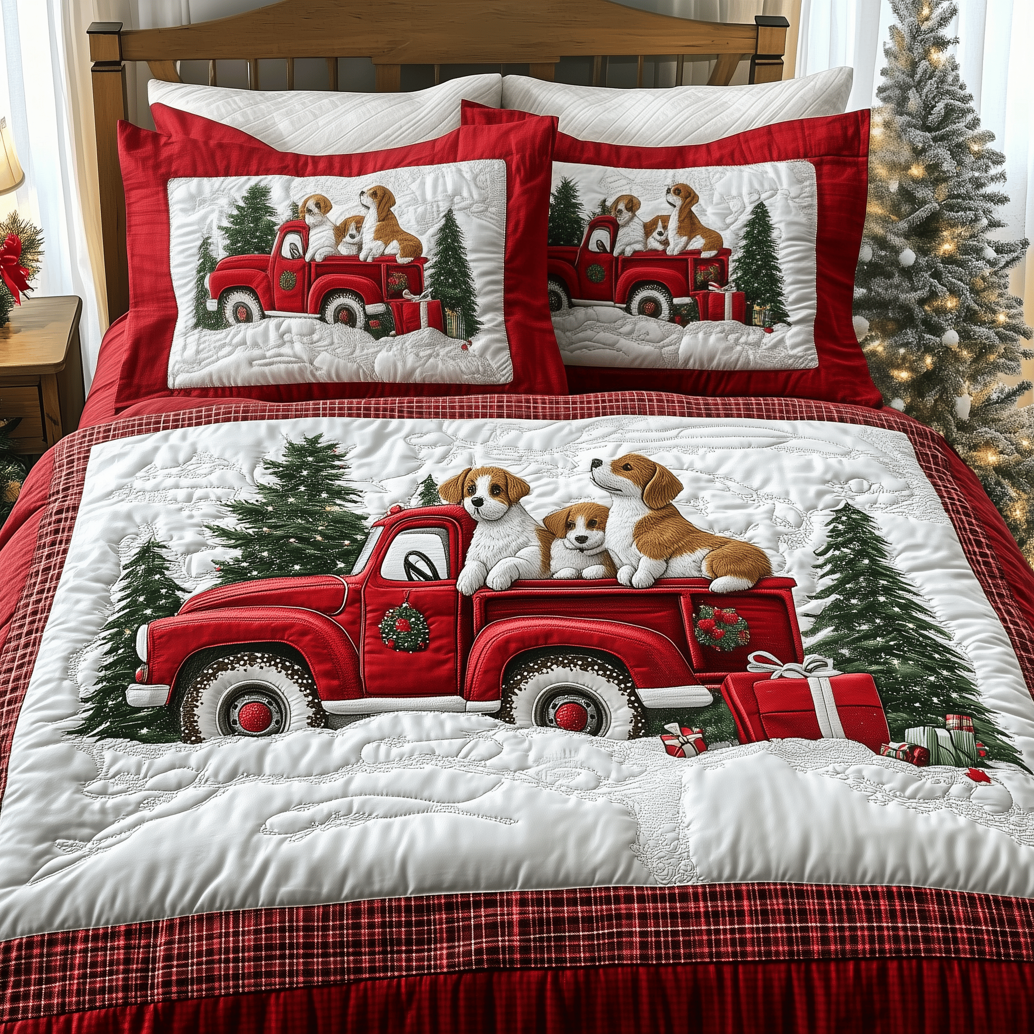 A Christmas Dog Ride Quilted Bedding Set Top Gifts For Dog Owners