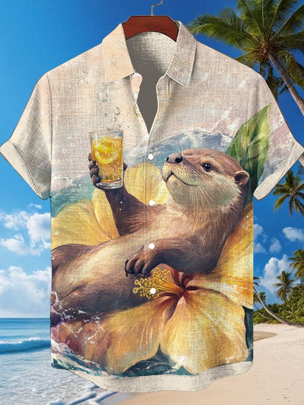 A Cute Otter Lying On A Flower Drinking Juice Hawaiian Shirt Cute Gifts For Him