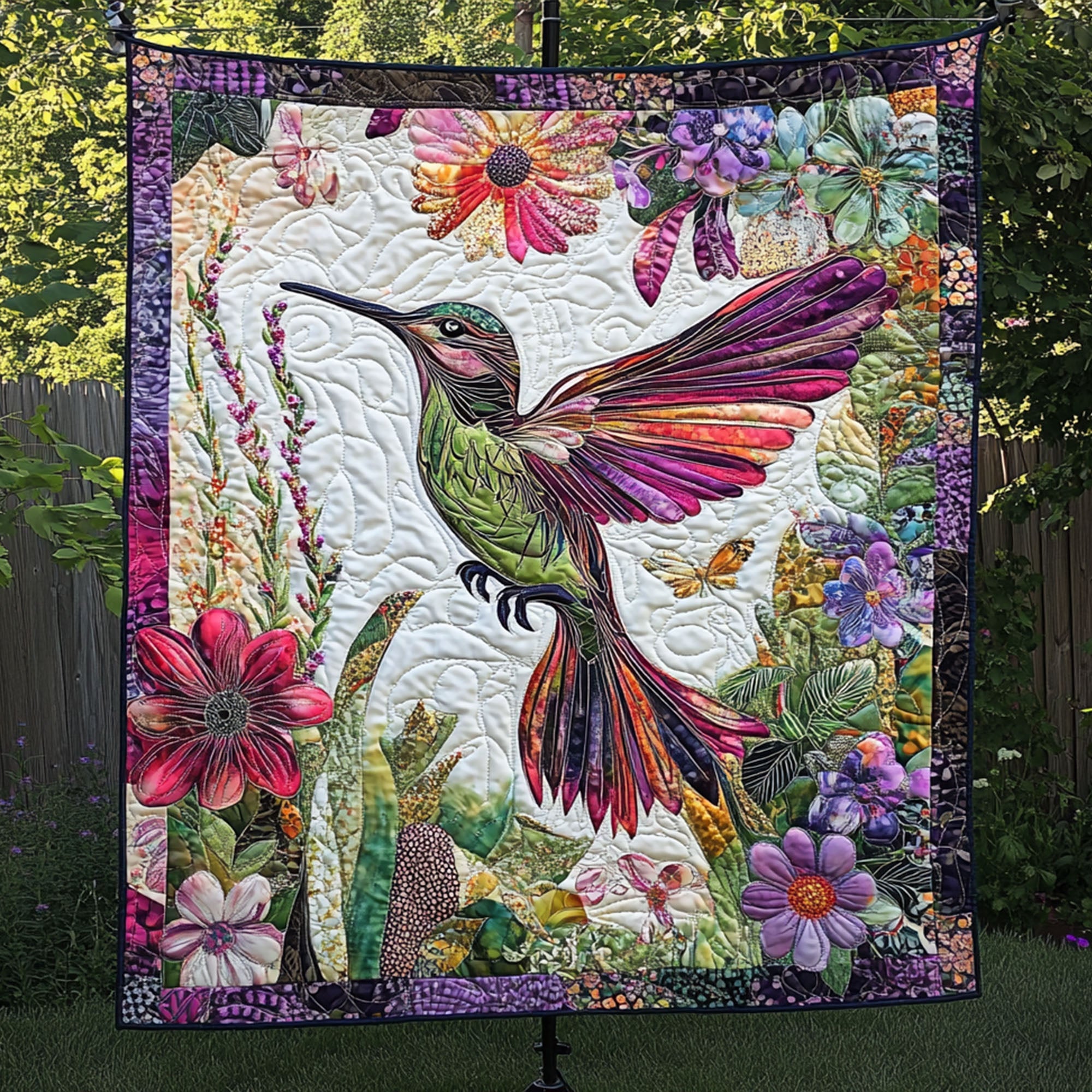 A Dance of Petals and Wings Quilted Blanket Best Throw Blanket Hummingbird Gifts For Dad