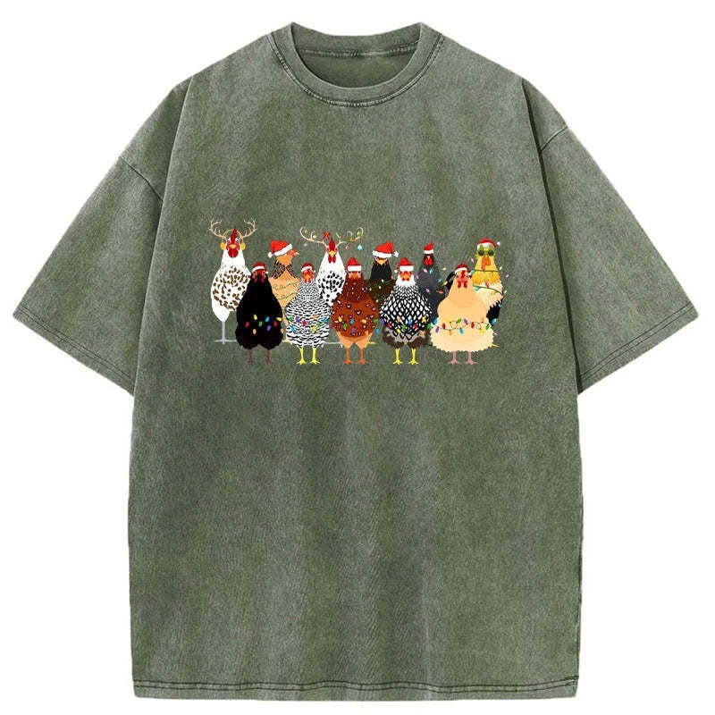 A Flock Of Christmas Chickens Washed T-Shirt Everyday Comfort Graphic Shirt Gifts For Her