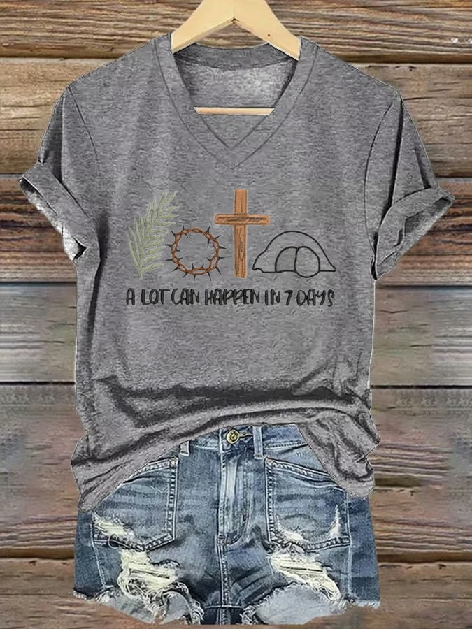 A Lot Can Happen In 7 Days Easter V-Neck Shirt Palm Cross Tomb Graphic Tee Best Gift For Jesus Fans