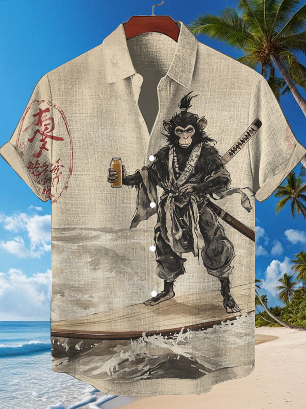 A Monkey Warrior Standing On A Surfboard Hawaiian Shirt Best Gifts For Husband