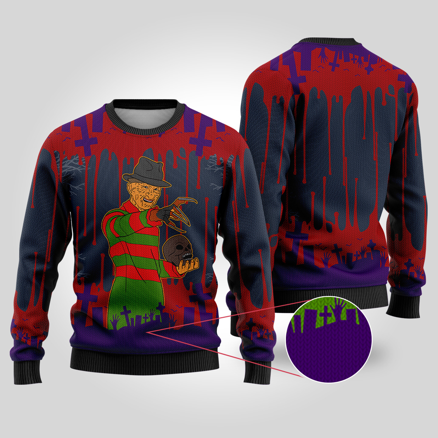 A Nightmare On Elm Street Fred Krueger Halloween Sweater Navy Comfortable Holiday Sweater for Chilly Nights