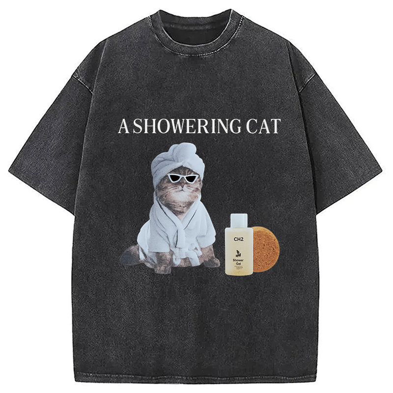 A Showering Cat Washed T-Shirt Funny Graphic Gift For Friends Gifts For BFF