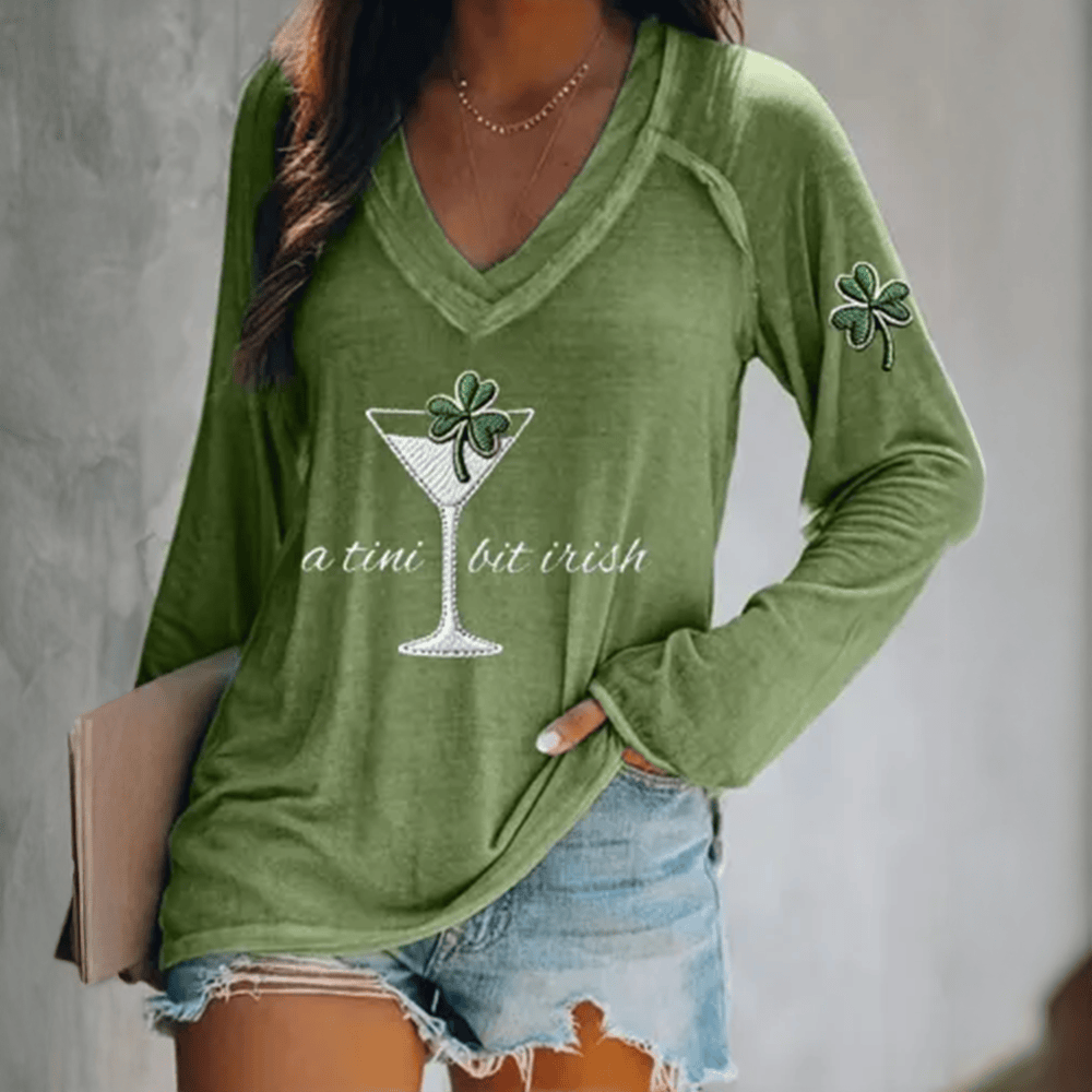 A Tini Bit Irish St Patrick's Day V-Neck Long Sleeve Shirt Saint Patrick's Day Apparel Good Gift For Her