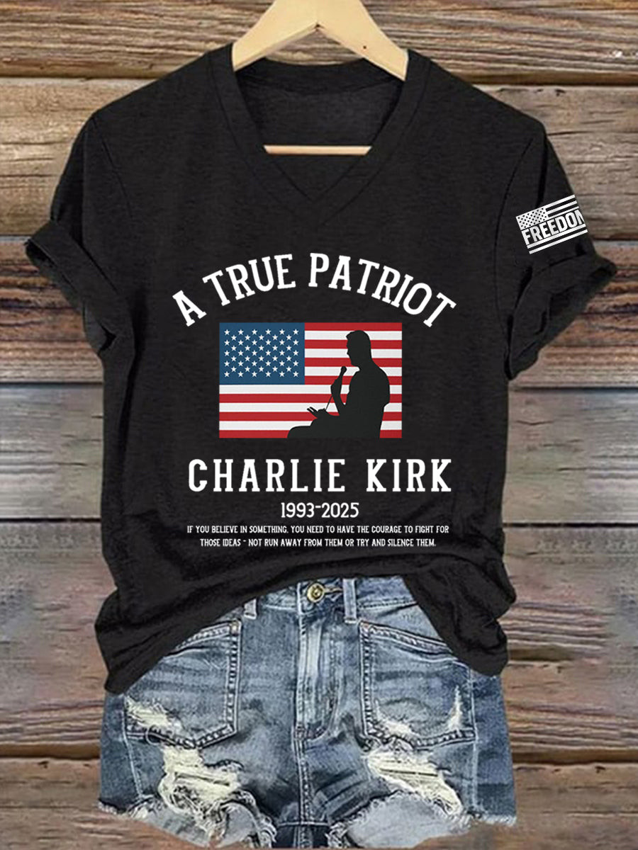 A True Patriot R I P Charlie Kirk V Neck Tee Black Charlie Kirk Maga