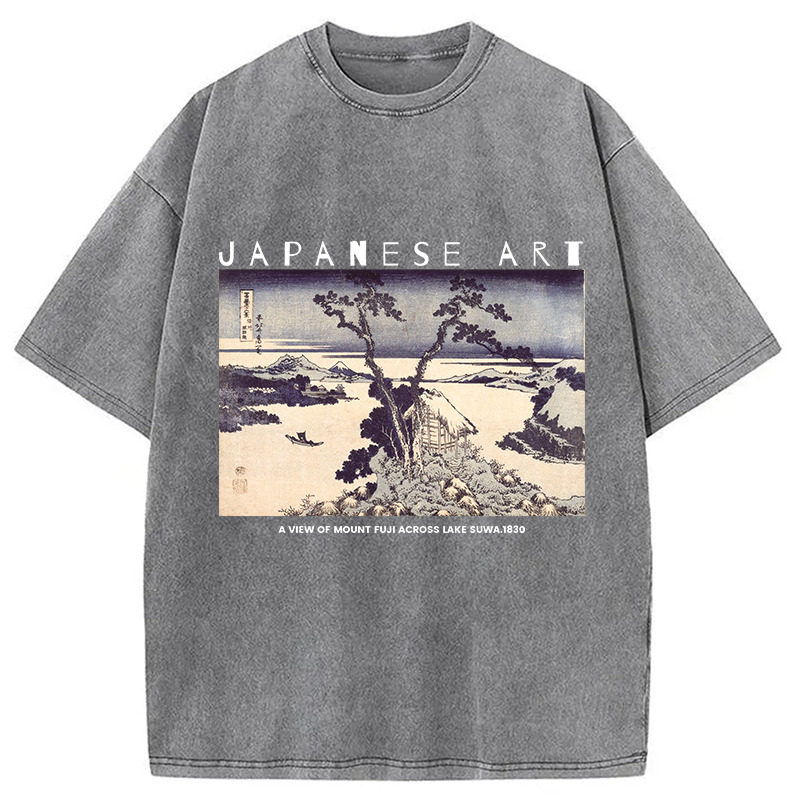 A View of Mount Fuji Across Lake Suwa Washed T-Shirt Casual Vintage Everyday Look Gifts For Her