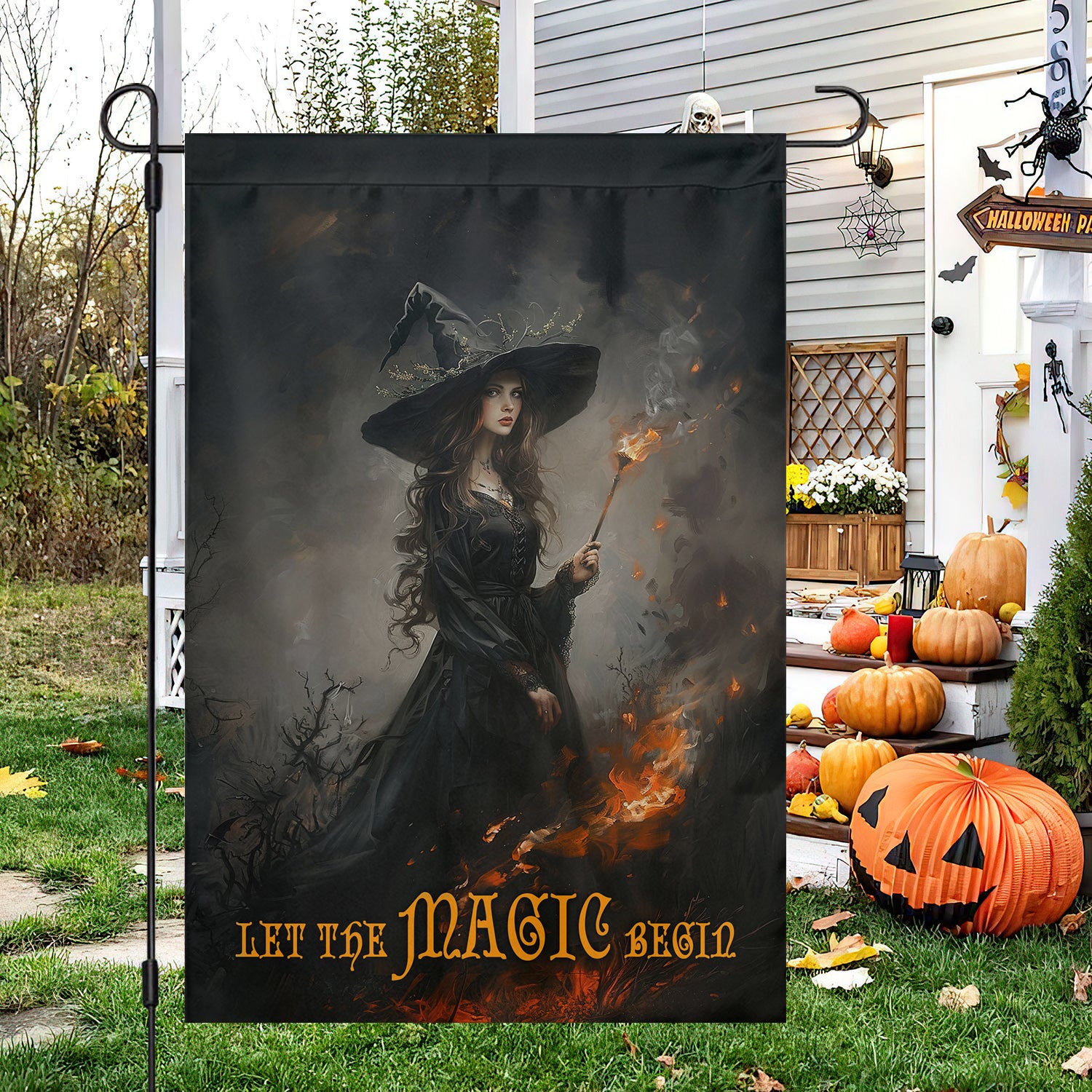 A Witch's Conquest With Flame Halloween Flag Witch Outdoor Decor Haunted Best Witch Gifts