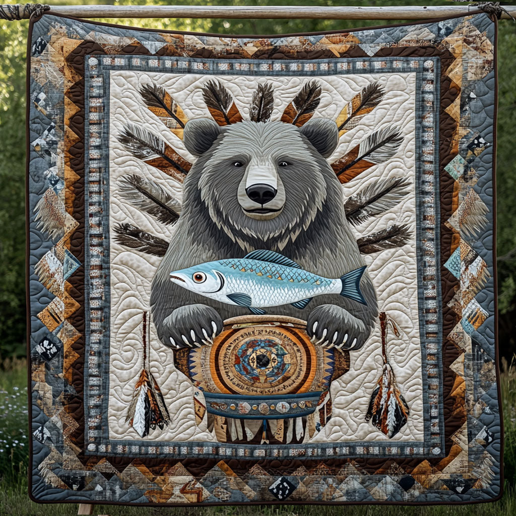 Aboriginal Bear Catch Fish Quilt Blanket Cute Native American Gift Ideas For Bear Lovers