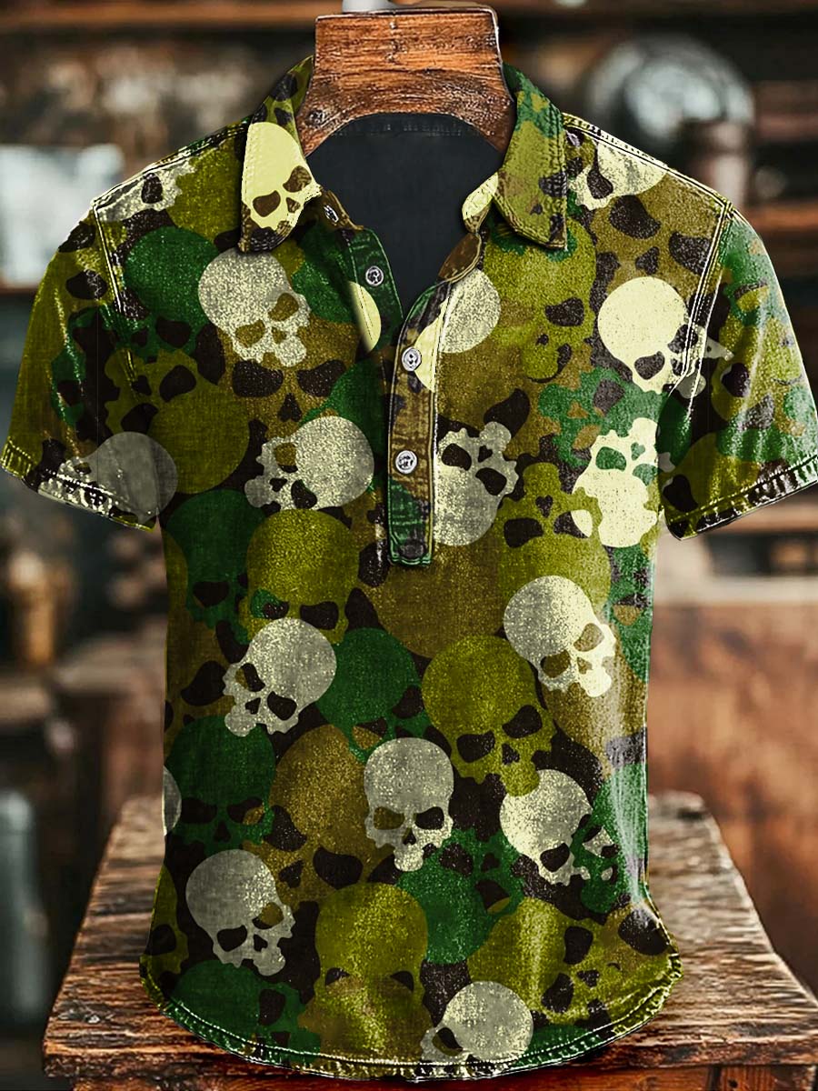 Abstract Camouflage Skull Print Casual Short Sleeve Polo Shirt Halloween Apparel Present Ideas For Him