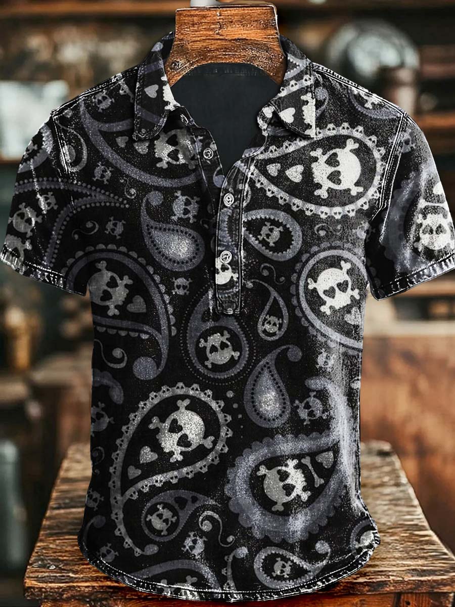 Abstract Cashew Flower Skull Print Casual Short Sleeve Polo Shirt Gift Ideas For Halloween Day