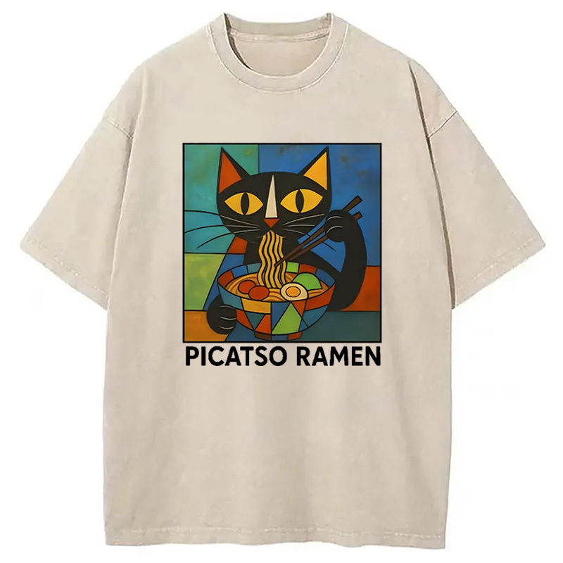 Abstract Cat Eating Ramen Washed T-Shirt Retro Humor Outfit Idea Gifts For Him