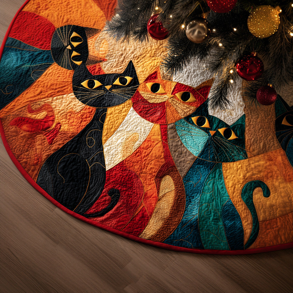 Abstract Cat Glow Christmas Quilted Tree Skirt Xmas Tree Base Cover Cat Presents Christmas