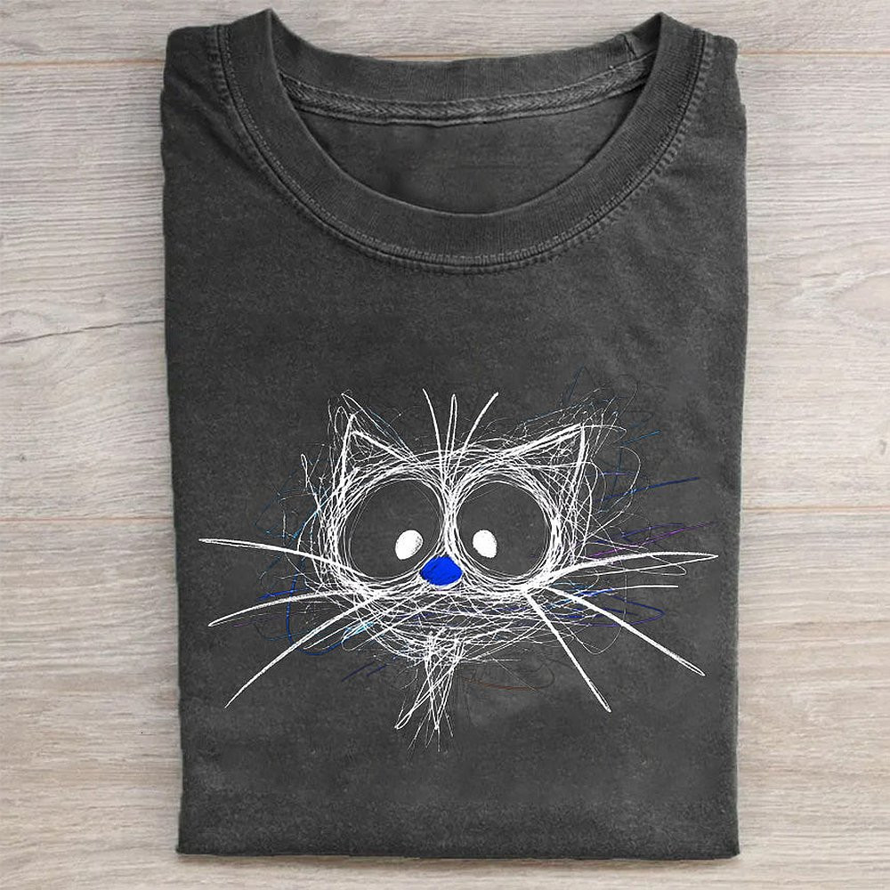 Abstract Cat Sketch Print Casual T-Shirt Cute Gift Tee For Cat Lovers