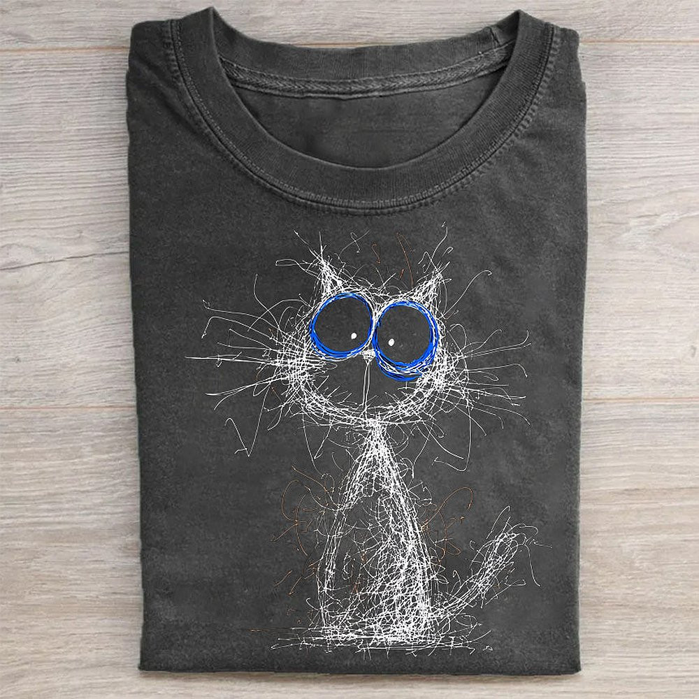 Abstract Cat Sketch With Blue Eyes Graphic T-Shirt Artistic Cat Lover Gift For Women
