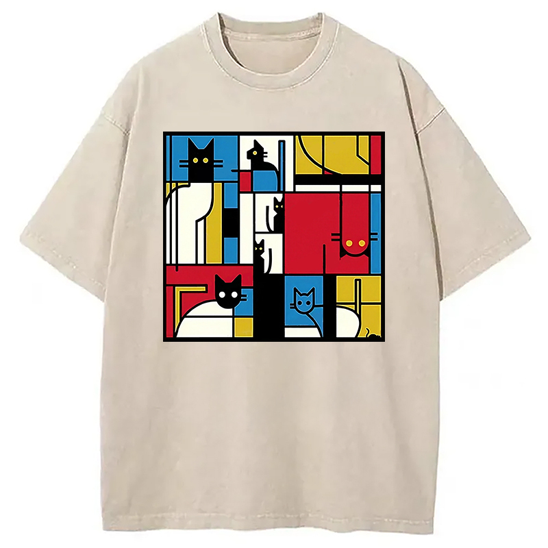 Abstract Cat Washed T-Shirt Soft Comfortable Daily T Shirt Gifts For Best Friend