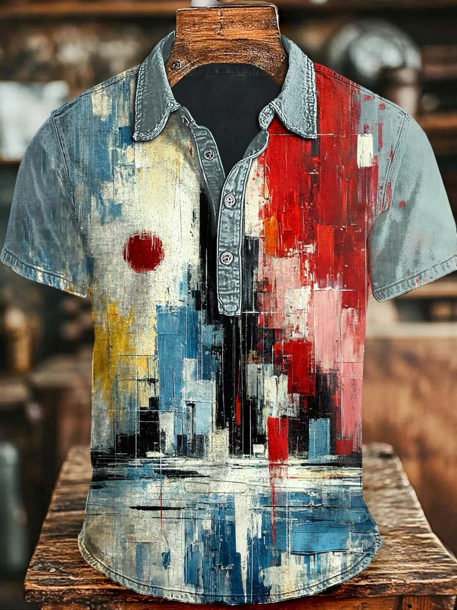 Abstract Color Block Art Patchwork Printed Short Sleeve Polo Shirt Gifts For Halloween Day