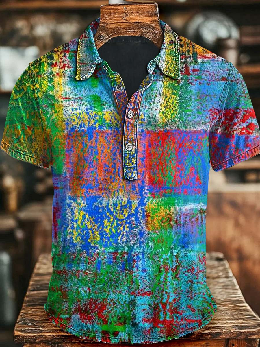 Abstract Color Clash Plaid Art Print Casual Short Sleeve Polo Shirt Halloween Day Gift Ideas For Him