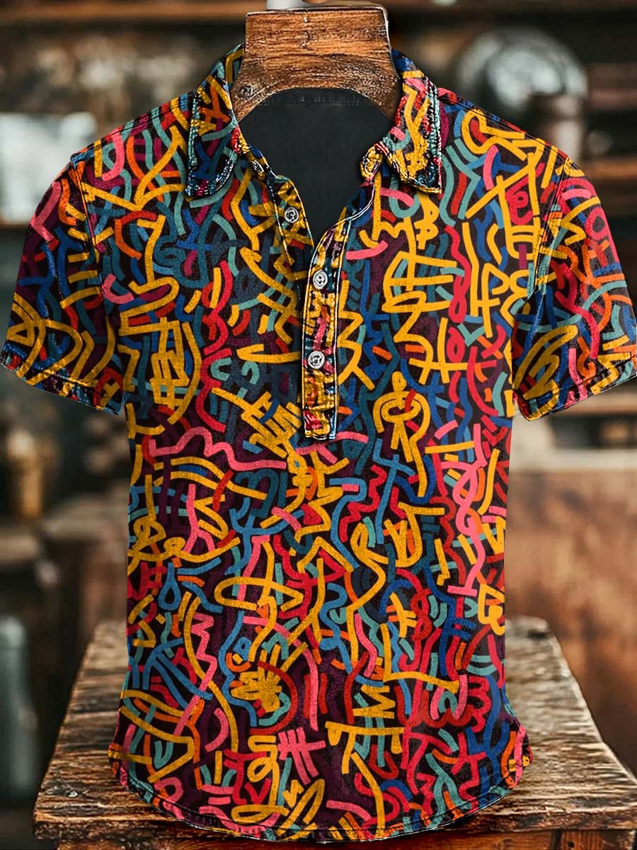 Abstract Color Line Print Casual Short Sleeve Polo Shirt Halloween Present Ideas For Men